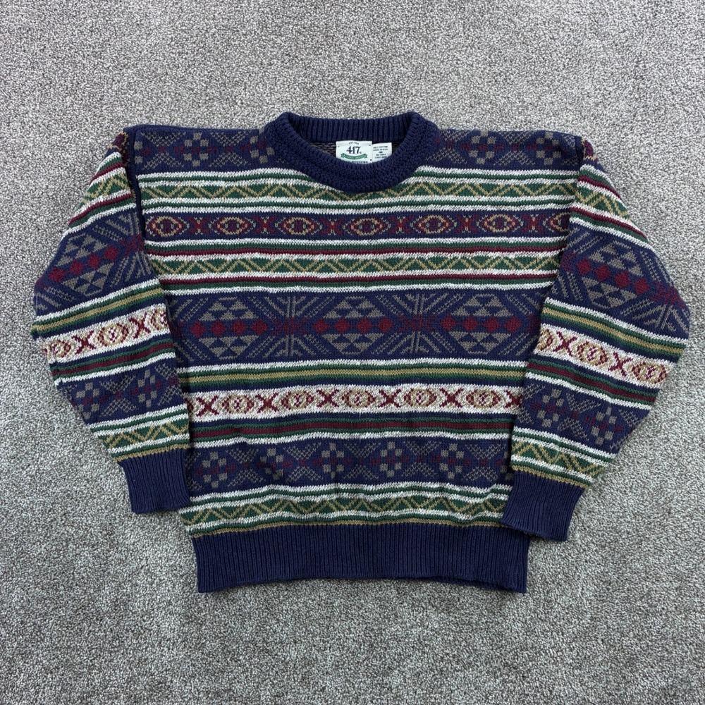 Vintage Van Heusen Sweater Mens Medium Cotton Fair Isle Geometric Pattern Chunky